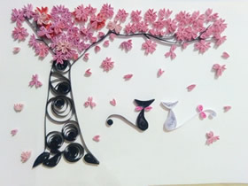 怎么做情人节衍纸画教程 樱花树下的猫咪情侣