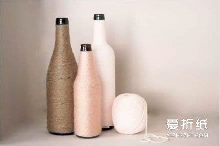 红酒瓶花瓶手工制作 毛线绕线DIY玻璃瓶花瓶- www.aizhezhi.com