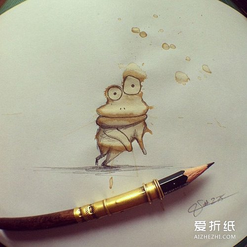 咖啡污渍画画作品 创意污渍画图片欣赏- www.aizhezhi.com