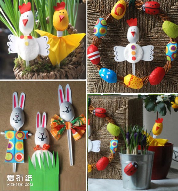 塑料勺做小动物怎么做 手工制作小公鸡兔子- www.aizhezhi.com