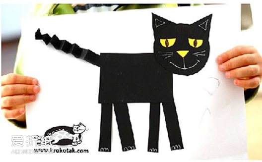 幼儿纸贴画小黑猫 简单猫咪纸贴画手工制作- www.aizhezhi.com