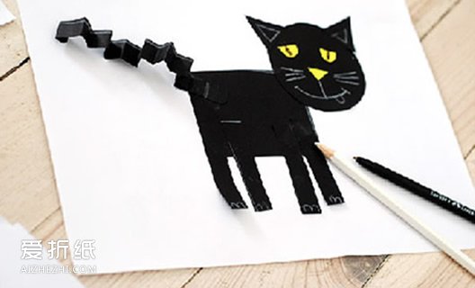 幼儿纸贴画小黑猫 简单猫咪纸贴画手工制作- www.aizhezhi.com