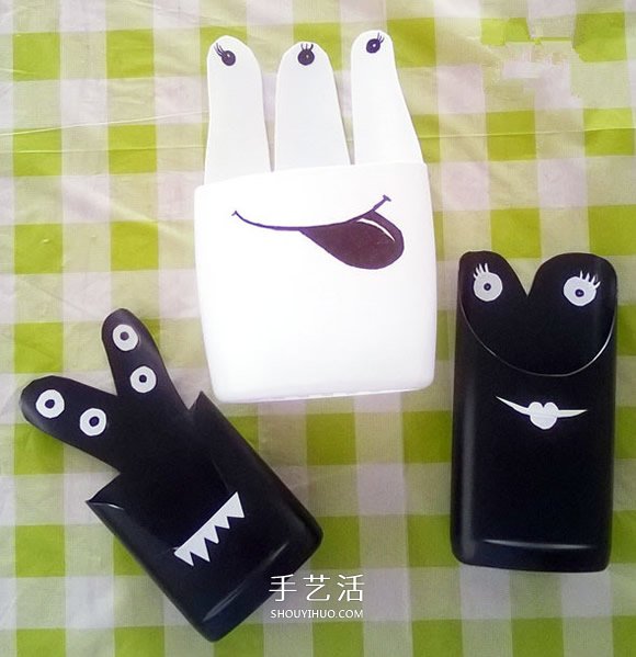 废物利用塑料瓶做笔筒 卡通小怪物笔筒DIY方法- www.aizhezhi.com
