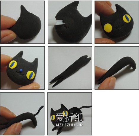 怎么做粘土小黑猫图解 超轻粘土手工制作猫咪- www.aizhezhi.com