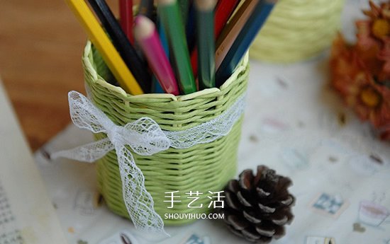 漂亮的纸藤手工制作 包括花瓶、笔筒和收纳篮- www.aizhezhi.com
