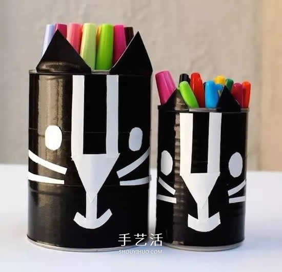 奶粉罐做小黑猫笔筒 卡通笔筒用奶粉罐制作- www.aizhezhi.com