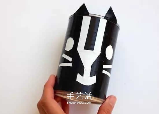 奶粉罐做小黑猫笔筒 卡通笔筒用奶粉罐制作- www.aizhezhi.com
