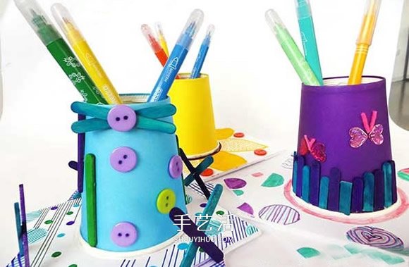 纸杯笔筒制作方法图片 幼儿手工制作卡通笔筒- www.aizhezhi.com