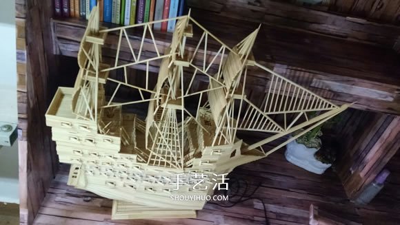 古代战船模型手工制作 纯以一次性筷子完成- www.aizhezhi.com