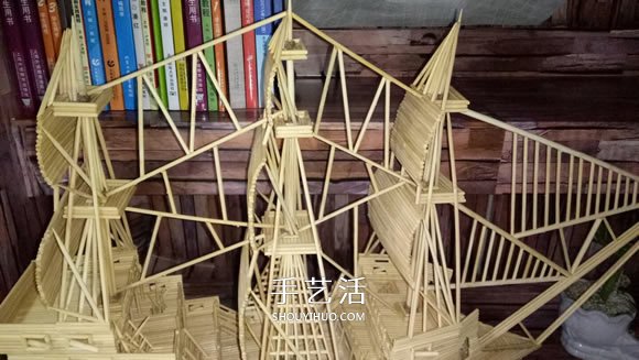 古代战船模型手工制作 纯以一次性筷子完成- www.aizhezhi.com