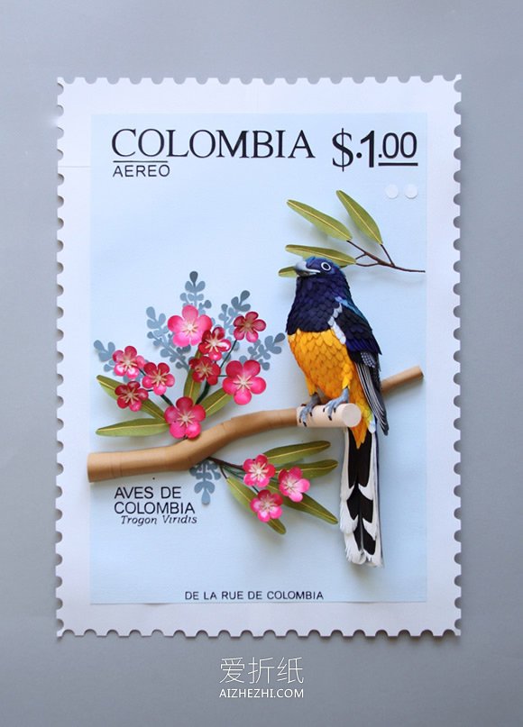 精美的邮票纸雕 把立体的花鸟纸雕融入邮票中- www.aizhezhi.com