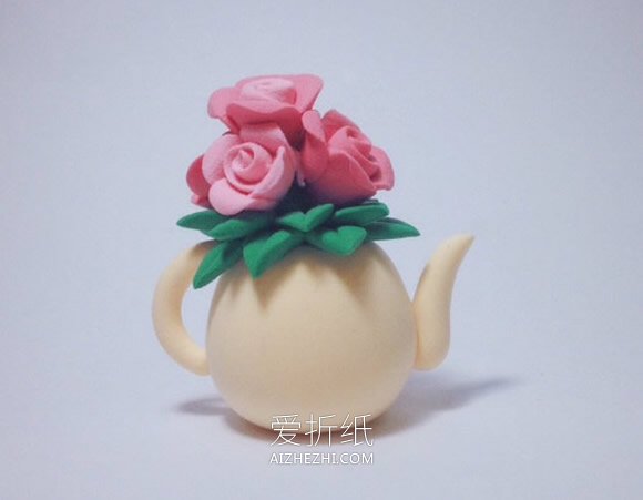 怎么做粘土茶壶花瓶 超轻粘土制作玫瑰花插花- www.aizhezhi.com