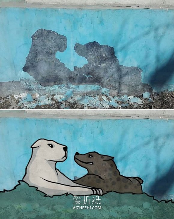 简单手绘改造破旧墙壁 生动有趣的街头涂鸦- www.aizhezhi.com
