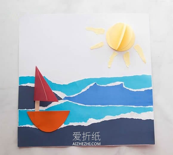 幼儿园怎么做夏日沙滩撕纸贴画的手工教程- www.aizhezhi.com