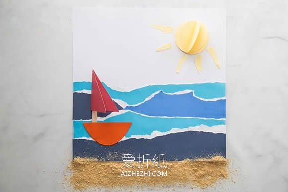 幼儿园怎么做夏日沙滩撕纸贴画的手工教程- www.aizhezhi.com