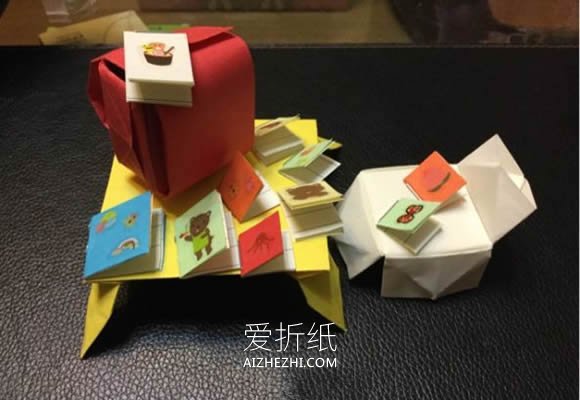 怎么手工折纸桌子、椅子、书包和迷你书图解- www.aizhezhi.com