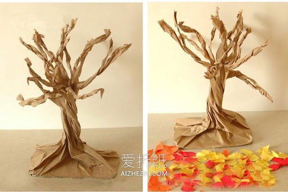 怎么用牛皮纸袋做秋天大树的制作方法教程- www.aizhezhi.com
