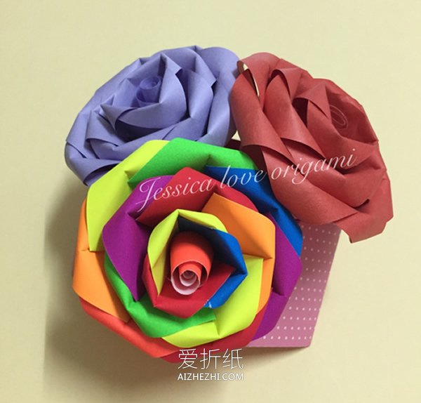 怎么做七色彩虹纸玫瑰花的折叠方法图解- www.aizhezhi.com