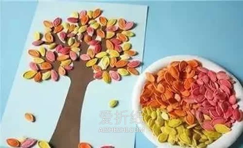 怎么用南瓜籽做秋天大树拼贴画的制作方法- www.aizhezhi.com