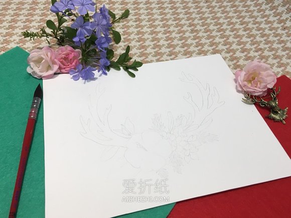 圣诞风鹿角水彩画的制作方法- www.aizhezhi.com