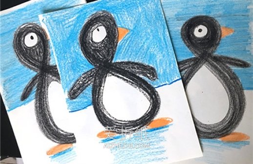 用趣味蜡笔画制作新年企鹅贺卡的方法- www.aizhezhi.com