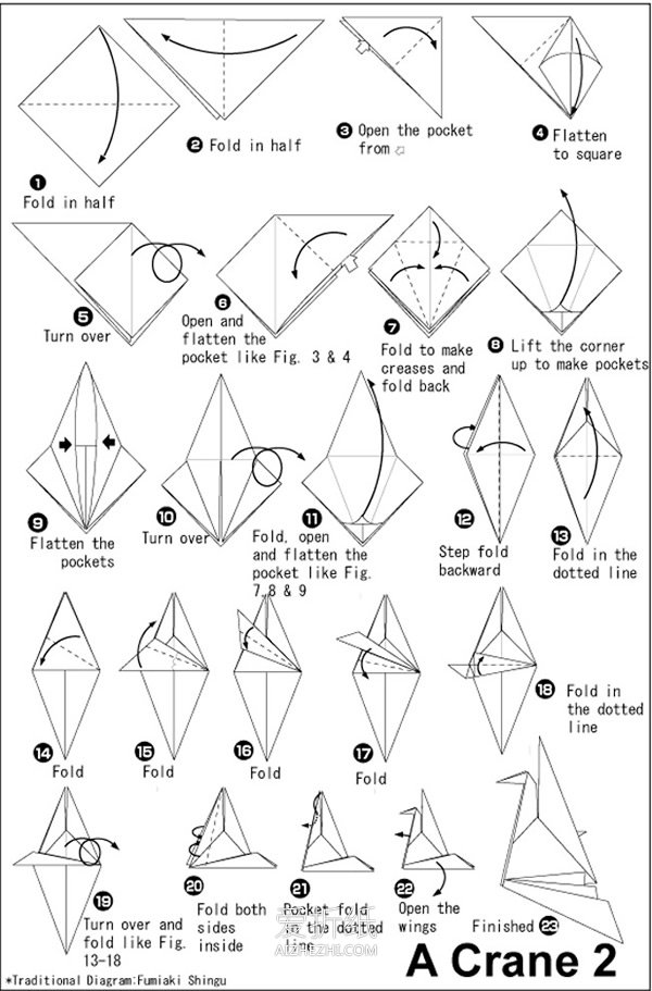 怎么折纸鹤的两种折法图解教程- www.aizhezhi.com