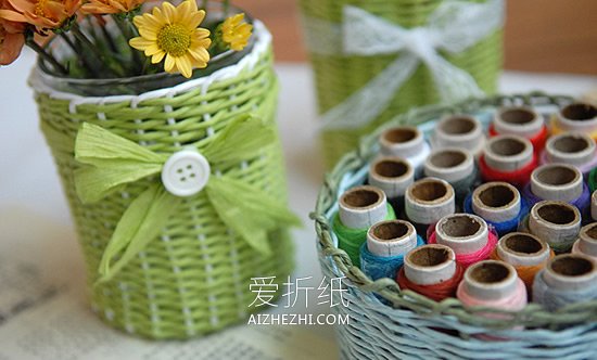 怎么用纸藤编织花瓶、笔筒和收纳篮的方法图解- www.aizhezhi.com