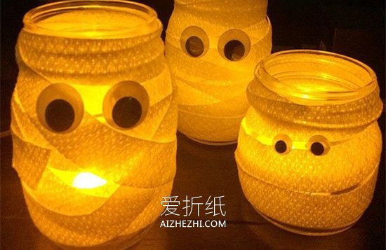 怎么用玻璃瓶做万圣节木乃伊灯笼的方法图解- www.aizhezhi.com