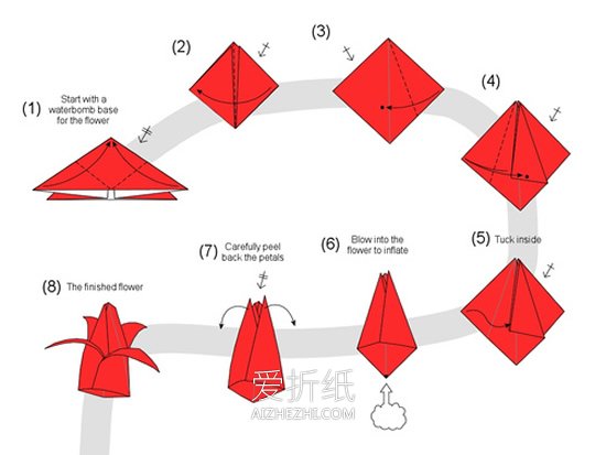 怎么折纸郁金香花和茎叶的折法图解- www.aizhezhi.com