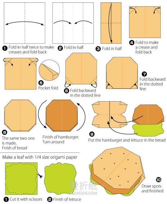 怎么简单折纸汉堡包的折法图解- www.aizhezhi.com