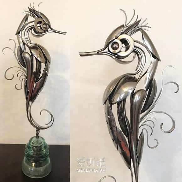 怎么用金属汤勺做小鸟的雕塑作品图片- www.aizhezhi.com