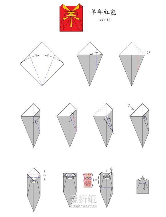 怎么折纸羊年红包的折法图解- www.aizhezhi.com