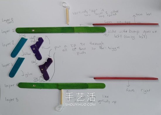 雪糕棍手工制作纸飞机橡皮筋弹射器的做法- www.aizhezhi.com